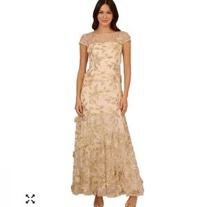 Adrianna Papell Champagne Embroidered Floral Lace Maxi Dress